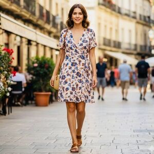 Simons Beige Floral Wrap Mini Dress